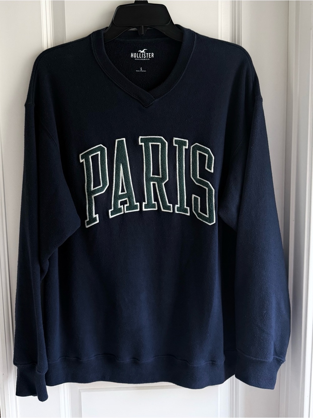 Hollister Navy V-Neck Oversized Sweater with PARIS Applique
